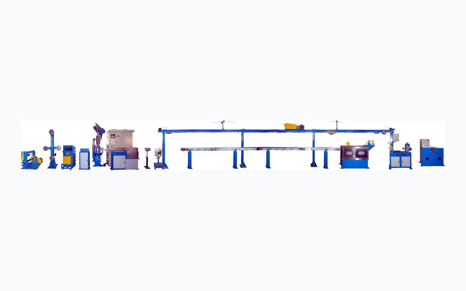 Long electronic wire extrusion line on a factory floor