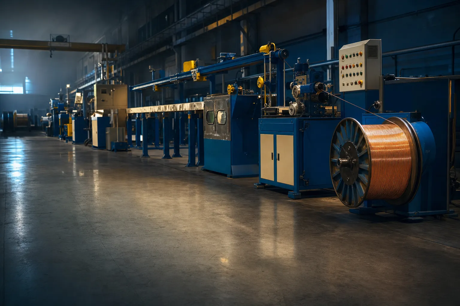 Modern LSZH wire and cable extrusion production line with a bright copper wire spool